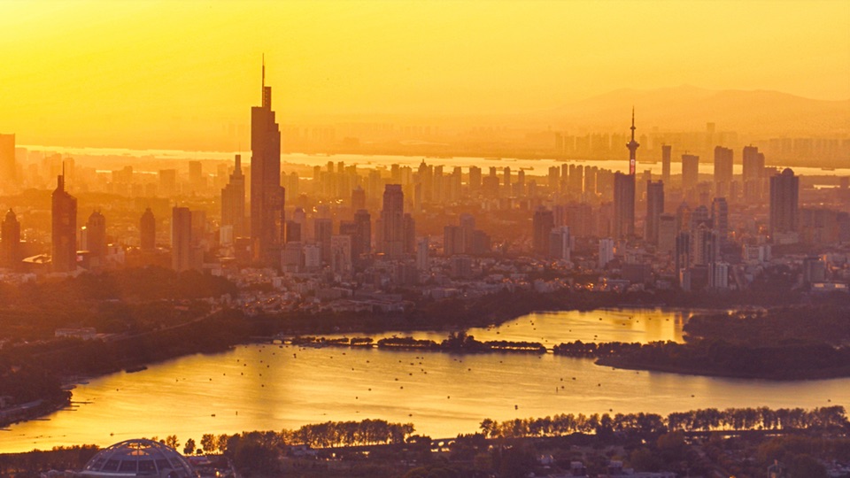 Beautiful sunset scenery of downtown areas in Nanjing