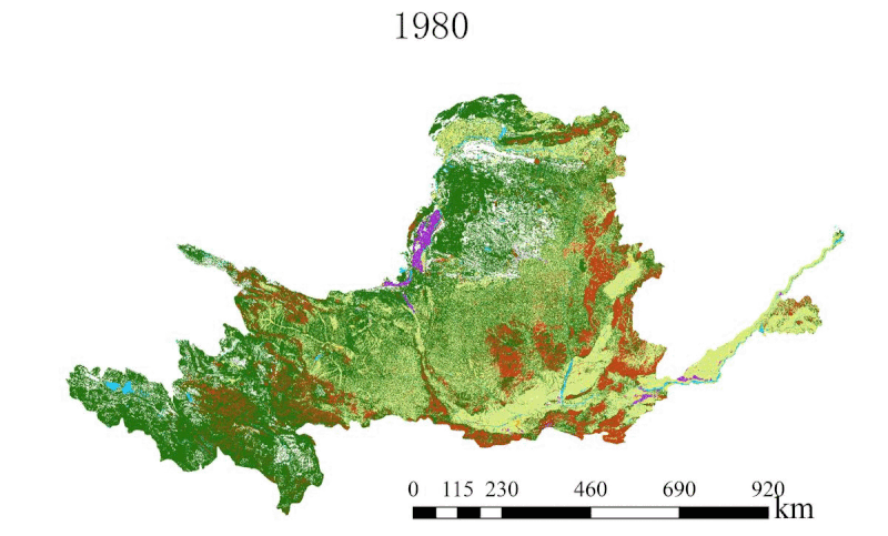 1980至2015年黄河土地利用的空间分布,草地、林地和旱地是流域内的主要土地利用类型,城乡用地增加最为显著