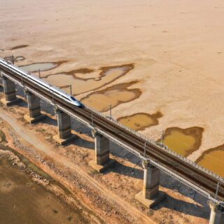 Dry lake bed near Poyang Lake Bridge in Jiujiang City on Aug 24, 2022